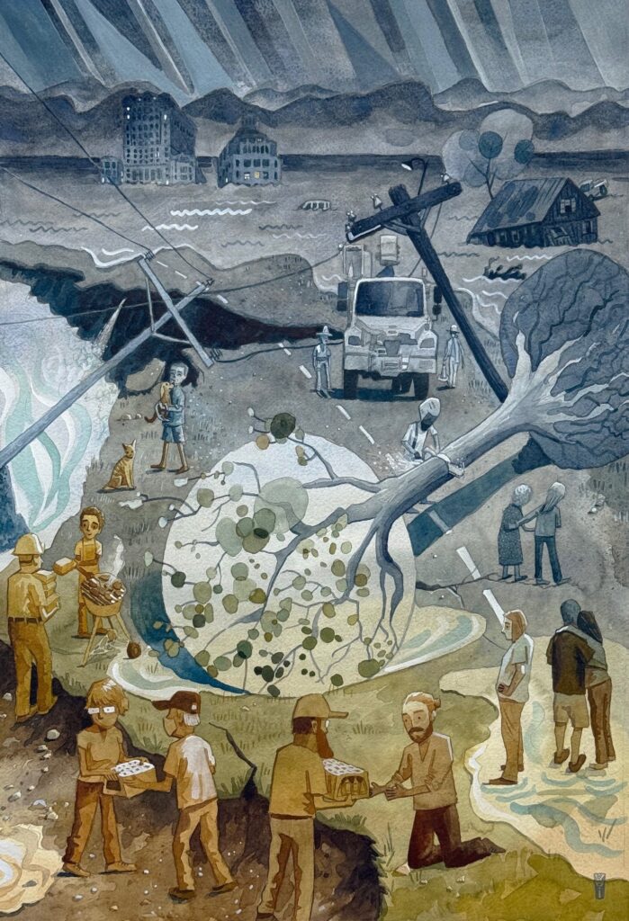 A watercolor-style illustration shows the aftermath of a natural disaster—likely a flood or storm—in a rural town. In the background, storm clouds part to reveal sunbeams over damaged buildings and flooded streets. Downed power lines and a giant fallen tree block a cracked road. Utility workers assess the damage while one cuts through the tree. On the left, people grill food and pass out meals in an assembly line, offering help to those in need. Others comfort one another or stand together in muddy water, surveying the destruction. The image conveys a sense of resilience and community amidst crisis.