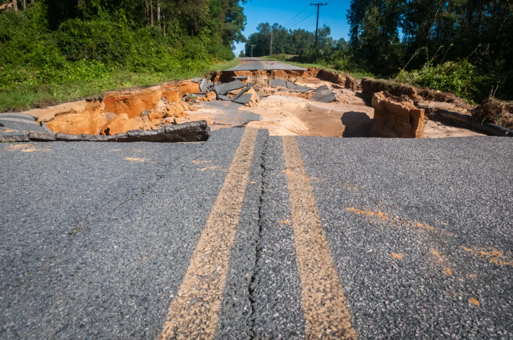A road damaged by a hurricane.